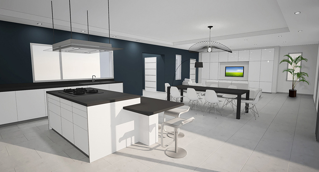 Cuisine contemporaine en 3D avec îlot central blanc, plan de travail noir, salle à manger ouverte et salon moderne, projet d’architecte d’intérieur à Alès