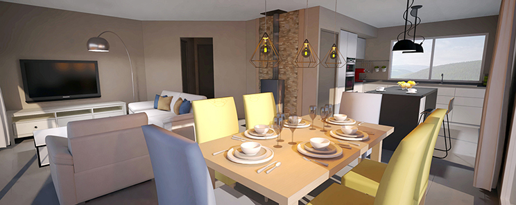 Aménagement intérieur d’un appartement moderne à Mons avec cuisine ouverte, salle à manger conviviale et salon lumineux