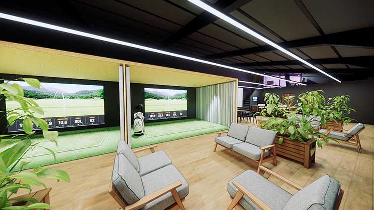 Aménagement d’un golf indoor contemporain, espace détente et simulateur immersif, conception d’architecte d’intérieur à Alès