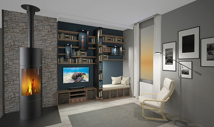 Aménagement sur mesure à Lyon, meuble bibliothèque bois et métal avec intégration TV et assise, design contemporain