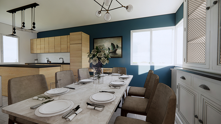Aménagement d’une cuisine et salle à manger à Alès avec meubles en bois clair et mur bleu canard