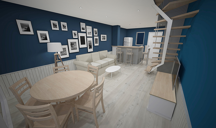 Aménagement intérieur d’une marina à Port-Camargue avec mur bleu profond, mobilier clair et escalier contemporain