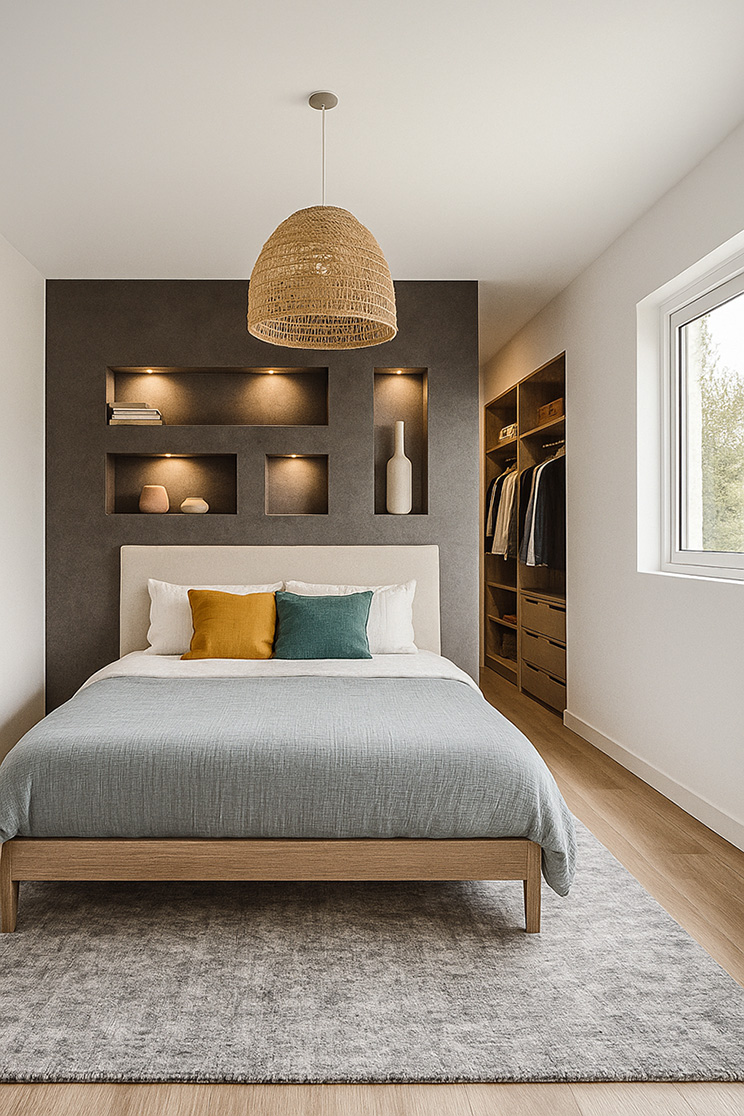 Chambre contemporaine à Nice avec tête de lit sur mesure et dressing intégré