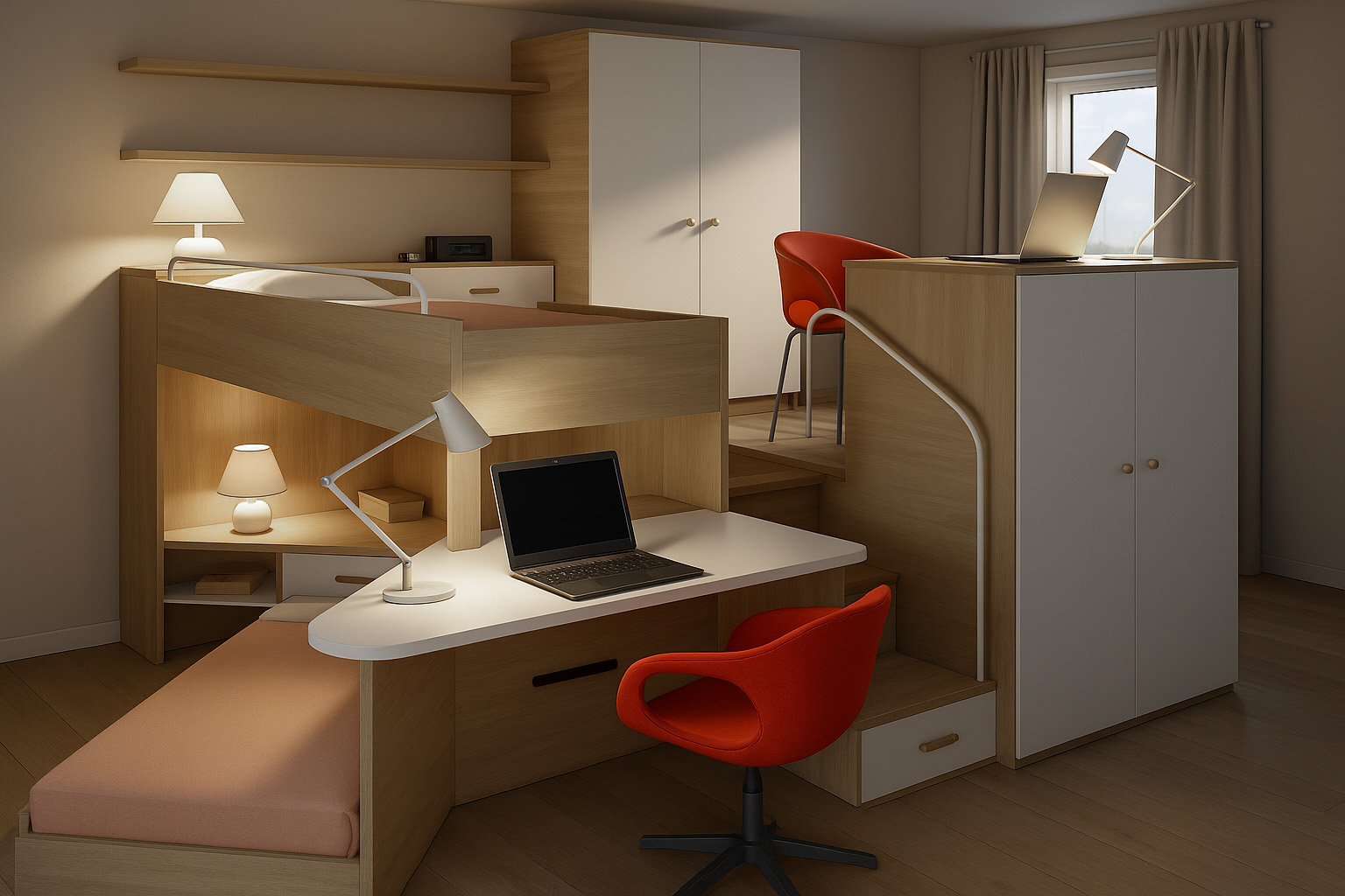 Aménagement sur mesure avec lits superposés, bureaux intégrés et rangements, réalisé à Alès