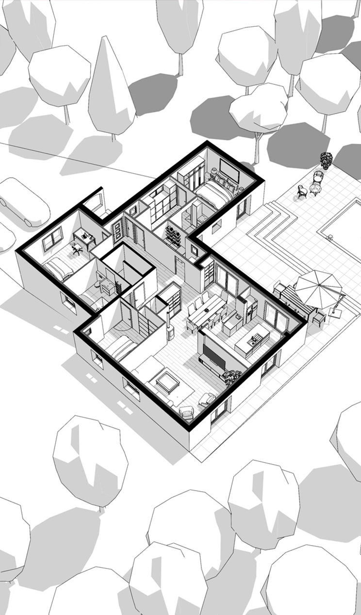 Maquette 3D d’un projet de rénovation d’ampleur à Saint-Privat-des-Vieux, avec restructuration complète, ouvertures en sous-œuvre et nouvelle distribution intérieure