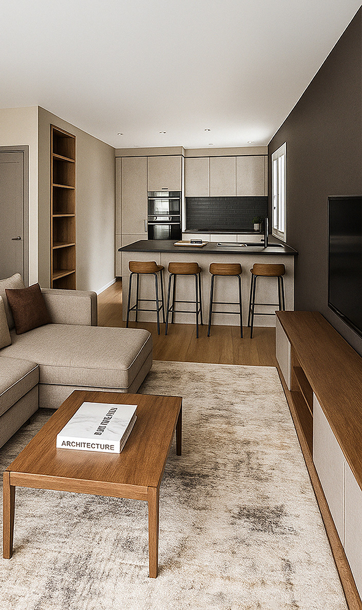 Aménagement intérieur d’un séjour contemporain à Saint-Julien-les-Rosiers, cuisine ouverte sur salon