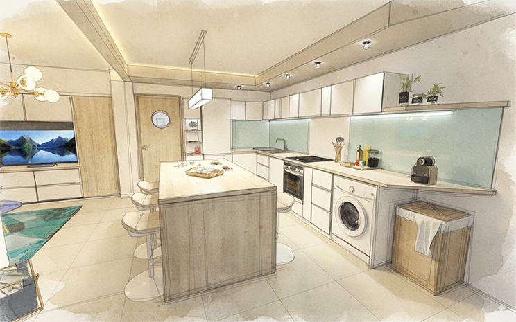 Perspective 3D de cuisine moderne réalisée par architecte d'intérieur à Alès, îlot central en bois, meubles blancs, électroménager intégré et éclairage contemporain, Rénovation marina Port-Camargue – aménagement petit espace moderne et lumineux