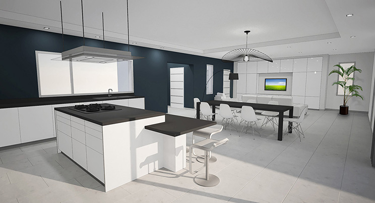 Perspective 3D de cuisine contemporaine avec îlot central blanc, plan de travail noir et salle à manger ouverte sur le salon moderne, projet de rénovation Montpellier par architecte d’intérieur à Alès